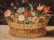 unknow artist Still life of roses,tulips,chyrsanthemums and cornflowers,in a wicker basket,upon a ledge Norge oil painting reproduction